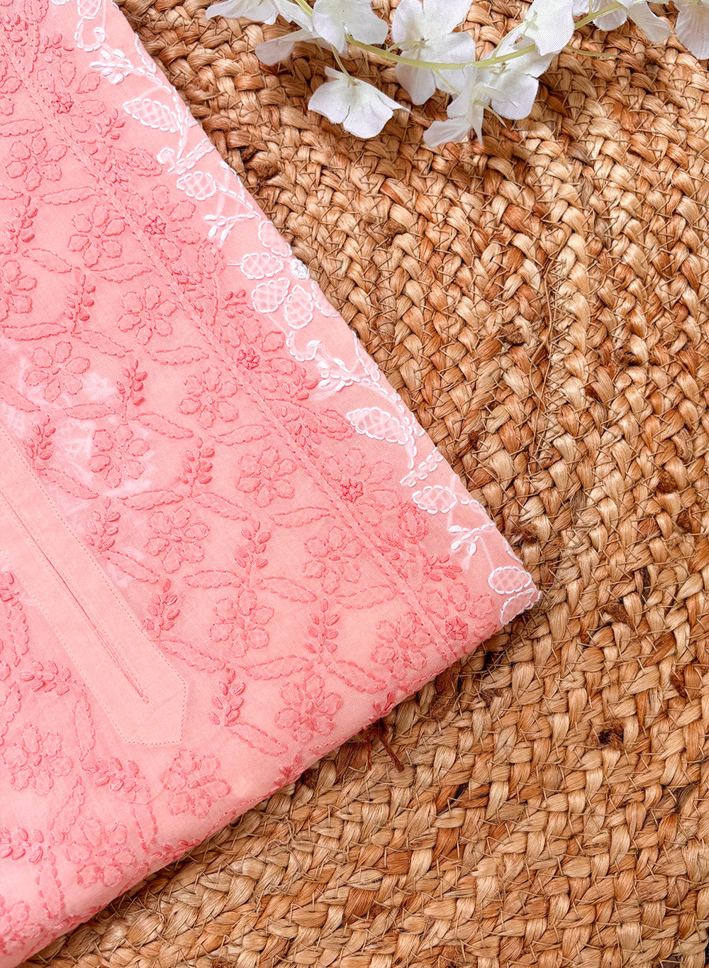 Peach - Cotton Terry Voile Bahaar Chikankari Kurta
