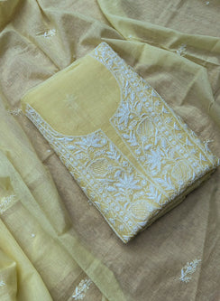 Light Yellow - Nayaab Mul Chanderi Chikankari Dress Material With Moti & Katdana Work