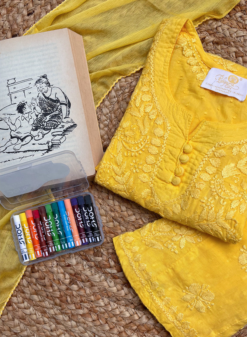Pihu Yellow - Dobby Cotton Chikankari Kidswear Set