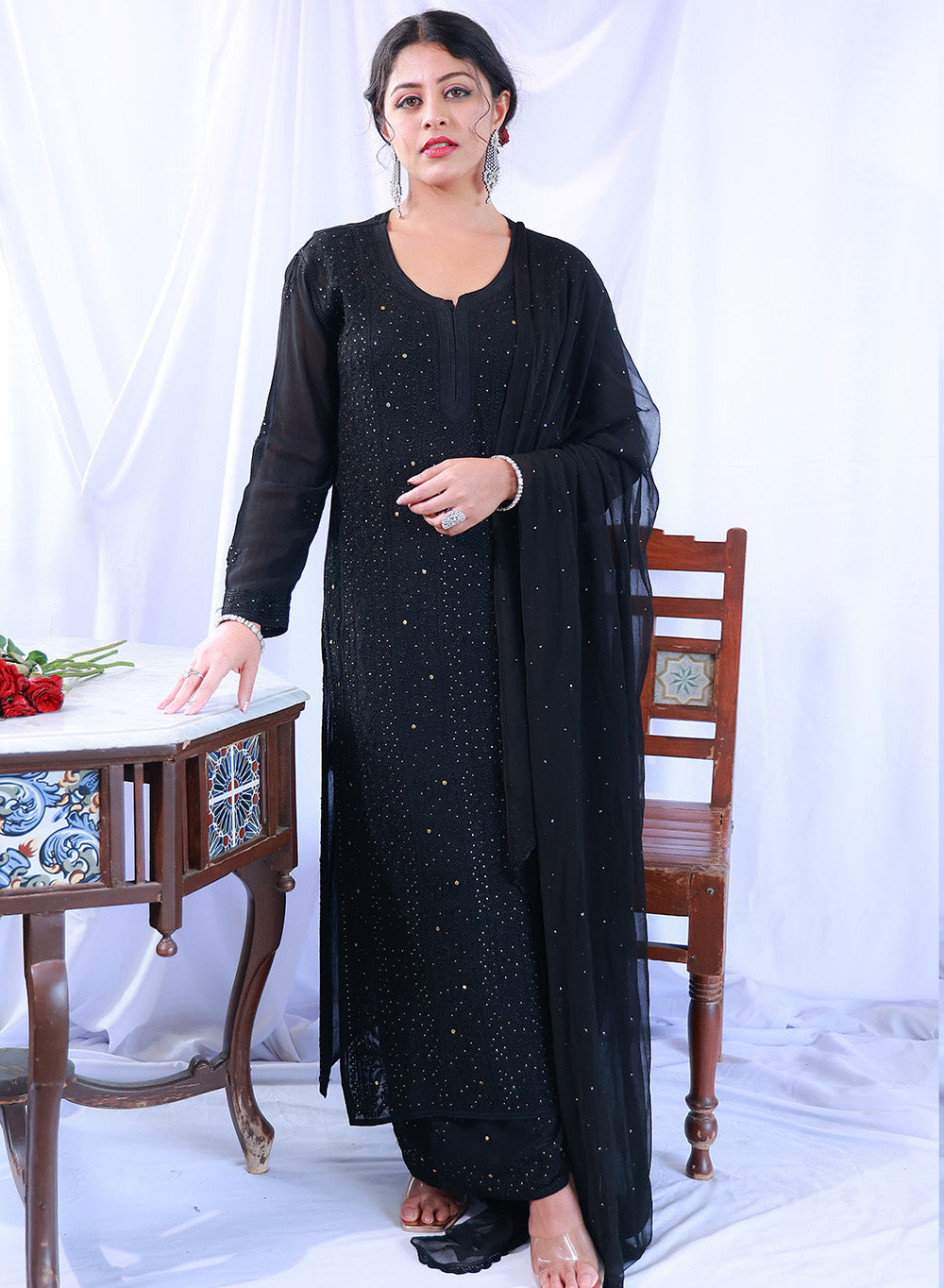 Nazakat Black - Anjuman Viscose Full Jaal  Chikankari Kurta