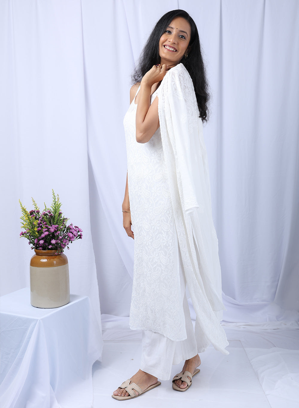 Noor White - Anjuman Viscose Noodle Strap Chikankari Kurta & Jacket