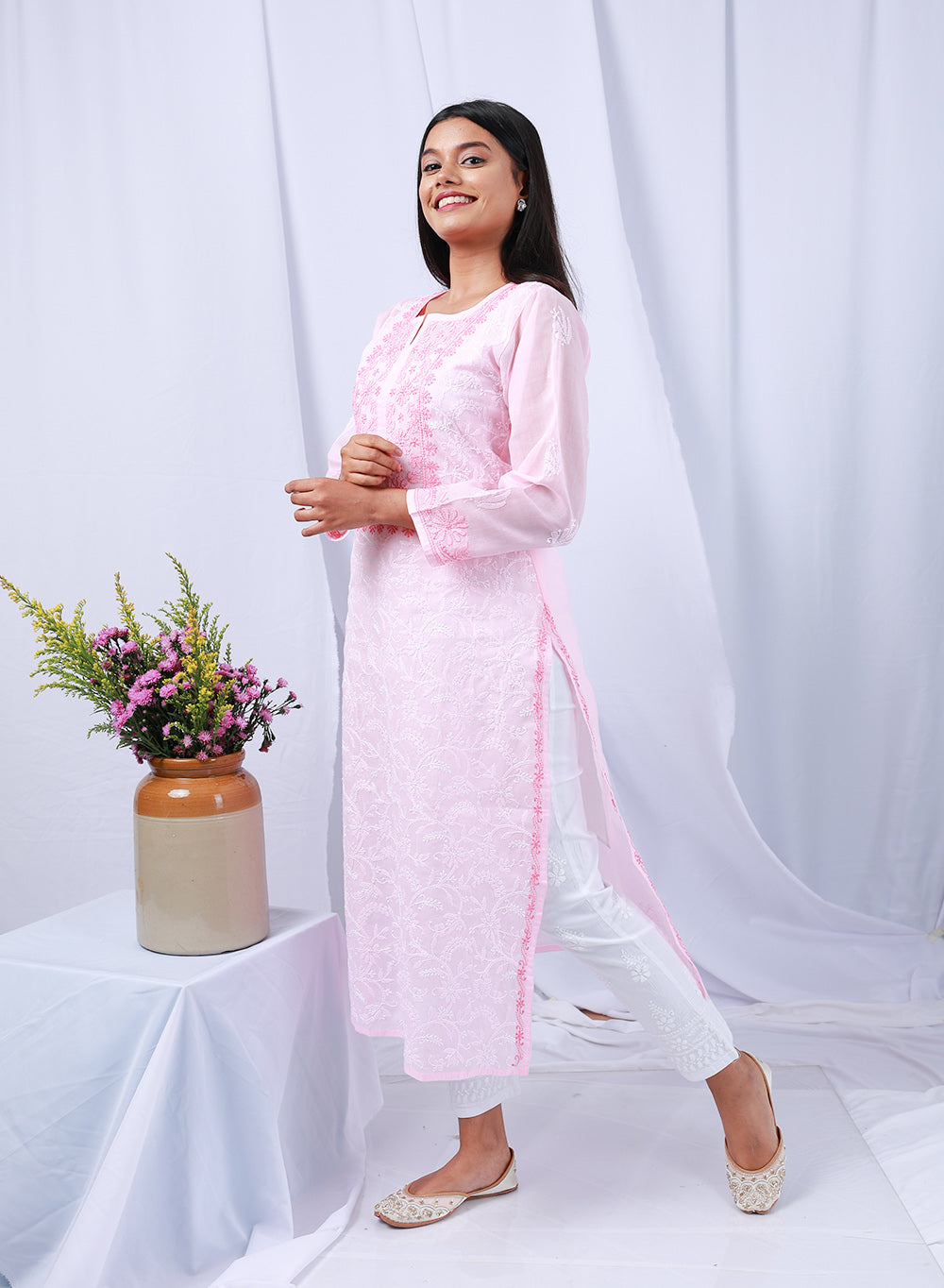Mehak Baby Pink - Cotton Terry Voile Bahaar Chikankari Kurta
