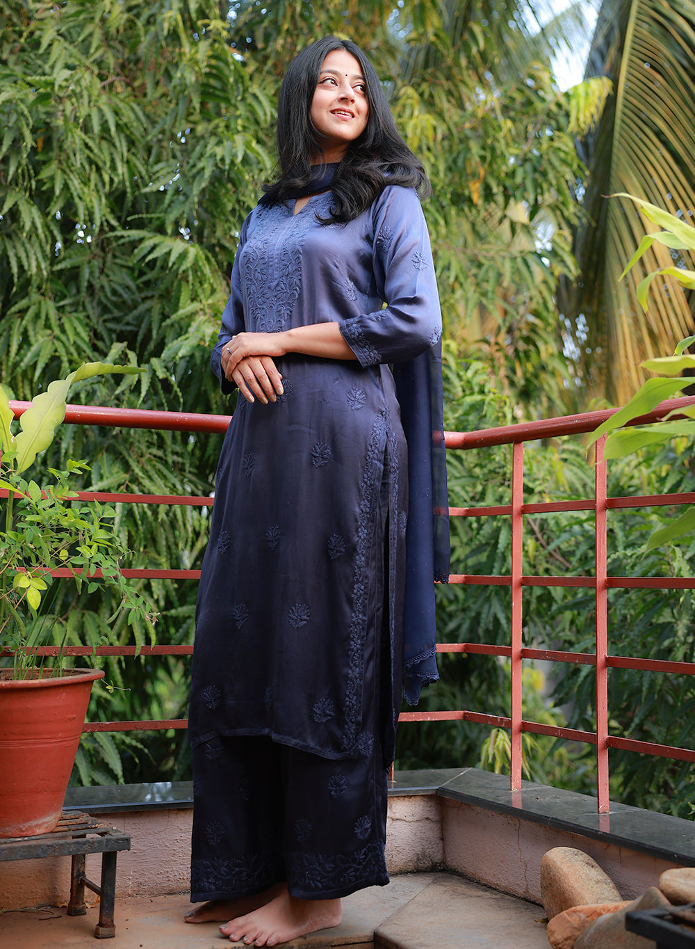 Meera Midnight Blue - Nargis Satin Chikankari Ombre Dress Set