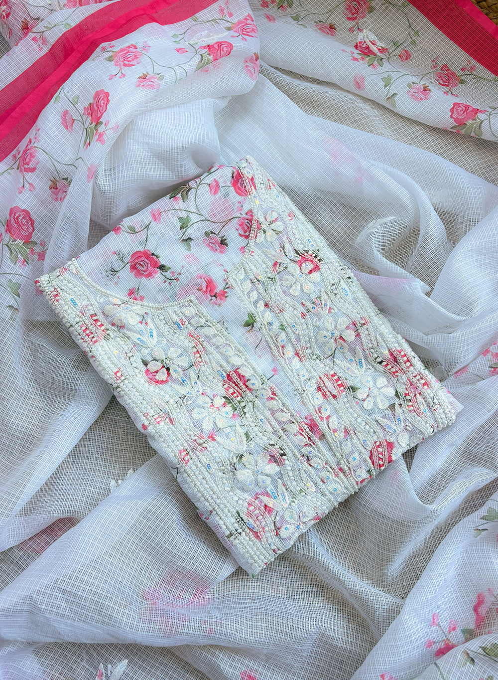 White & Pink - Nayaab Katdana Kota Printed Chikankari Full Dress Set