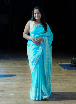 Blue - Pure Silk Aks Resham Chikankari  Saree