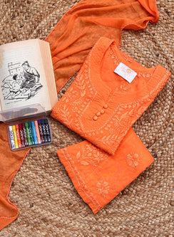 Pihu Orange - Dobby Cotton Chikankari Kidswear Set