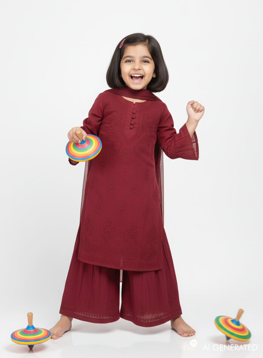 Pihu Maroon - Dobby Cotton Chikankari Kidswear Set