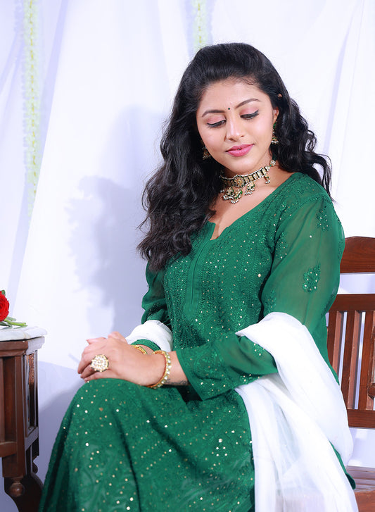 Nazakat Green - Anjuman Viscose Ombre Full Jaal  Chikankari Kurta