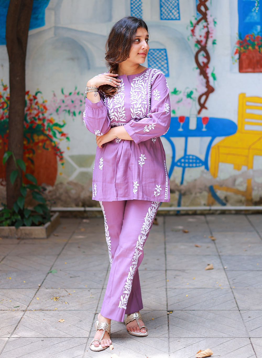 Meher Mauve - Cotton Chanderi Nargis Chikankari Co-ord Set