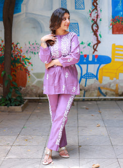 Meher Mauve - Cotton Chanderi Nargis Chikankari Co-ord Set