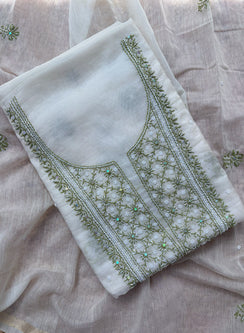 White & Olive Green - Moti & Katdana Nayaab Mul Chanderi Kurta & Dupatta Set