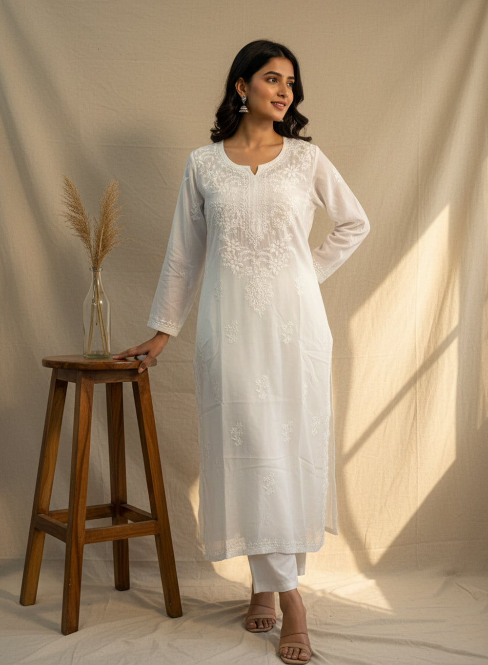 Sadgi White -  Bahaar Muslin Solid Chikankari Kurta