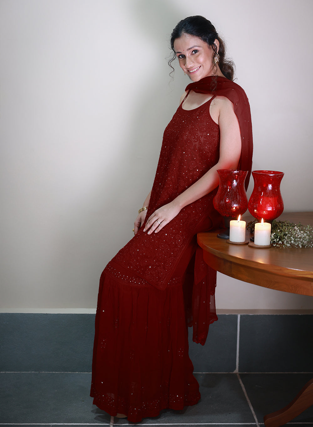 Kanak Maroon - Nargis Viscose Noodle Strap Chikankari Kurta & Gharara Set