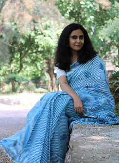 Blue Lehariya - Kota Aks Cotton Chikankari Saree