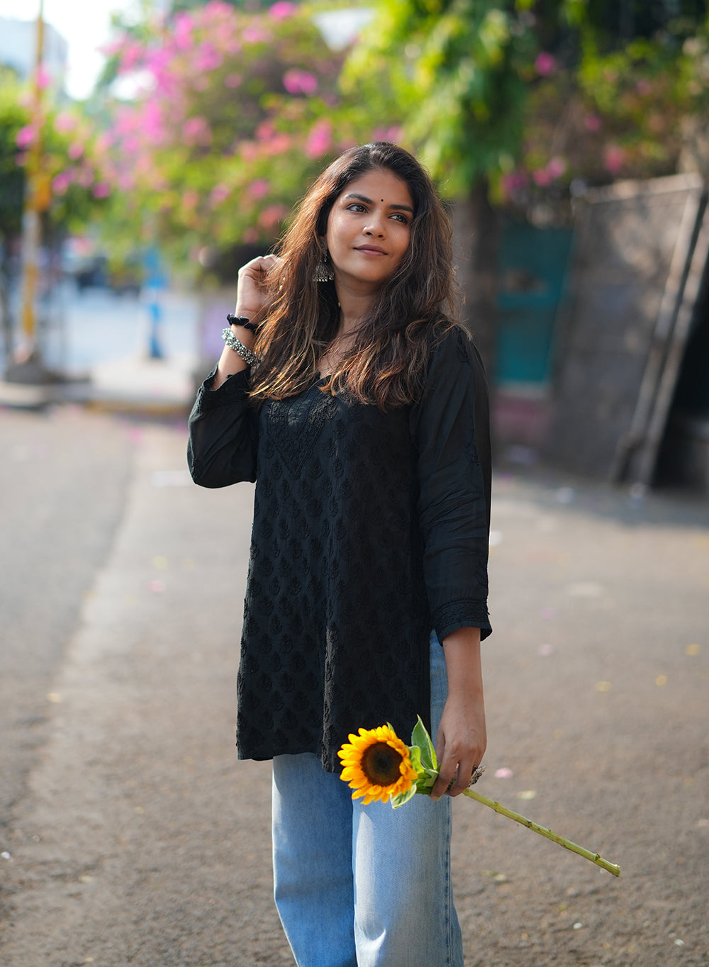 Black - Gulshan Muslin Shadow Work Chikankari Short Top