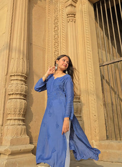Sadgi Dark Blue -  Bahaar Muslin Solid Chikankari Kurta