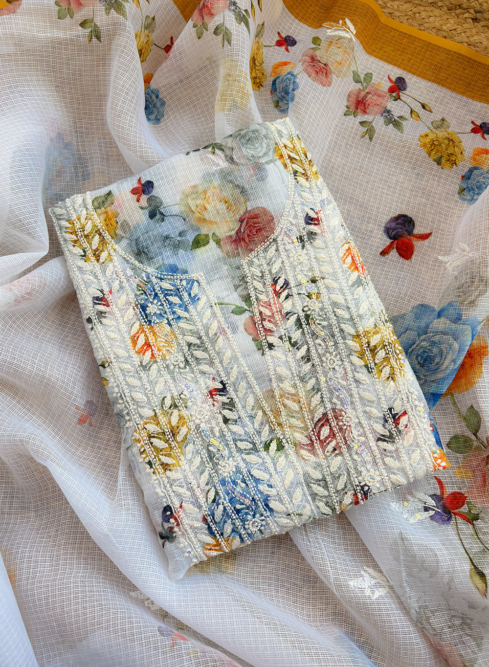 Multi-coloured Floral - Nayaab Katdana Kota Printed Chikankari Full Dress Set