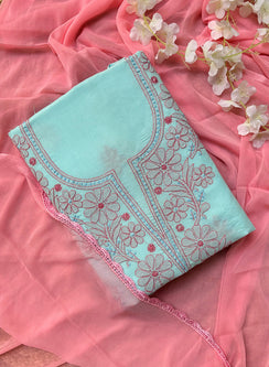 Blue & Pink - Nayaab Cotton Terry Voile Chikankari Full Dress Set