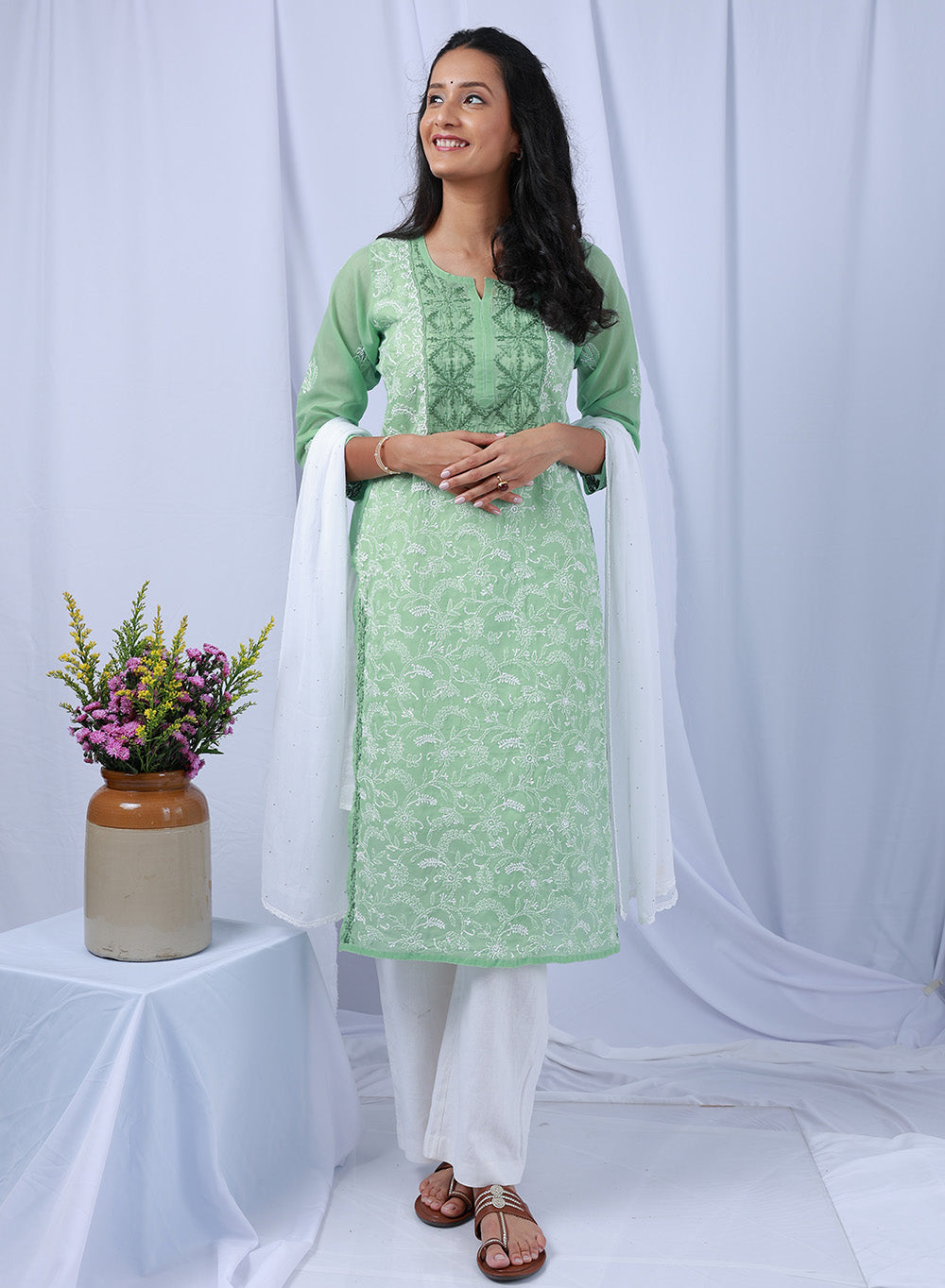 Mehak Olive Green - Cotton Terry Voile Bahaar Chikankari Kurta