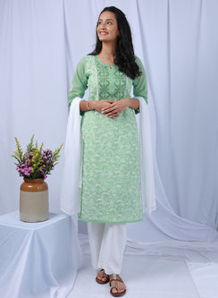 Mehak Olive Green - Cotton Terry Voile Bahaar Chikankari Kurta