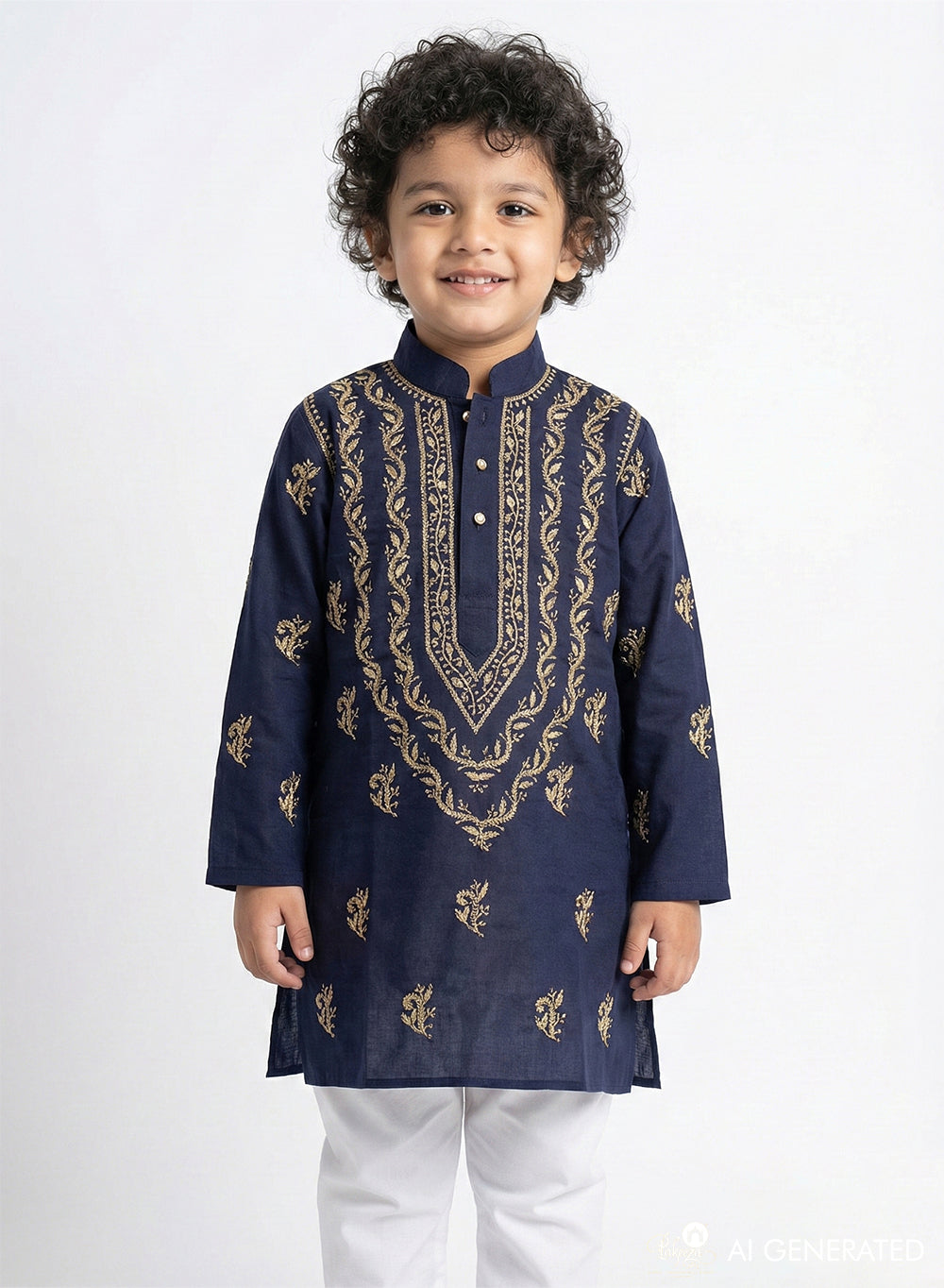 Navy Blue & Brown - Cotton Chikankari Kurta