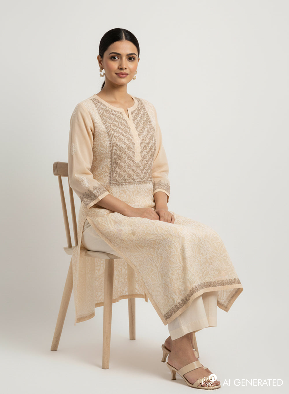 Mehak Beige - Cotton Terry Voile Bahaar Chikankari Kurta