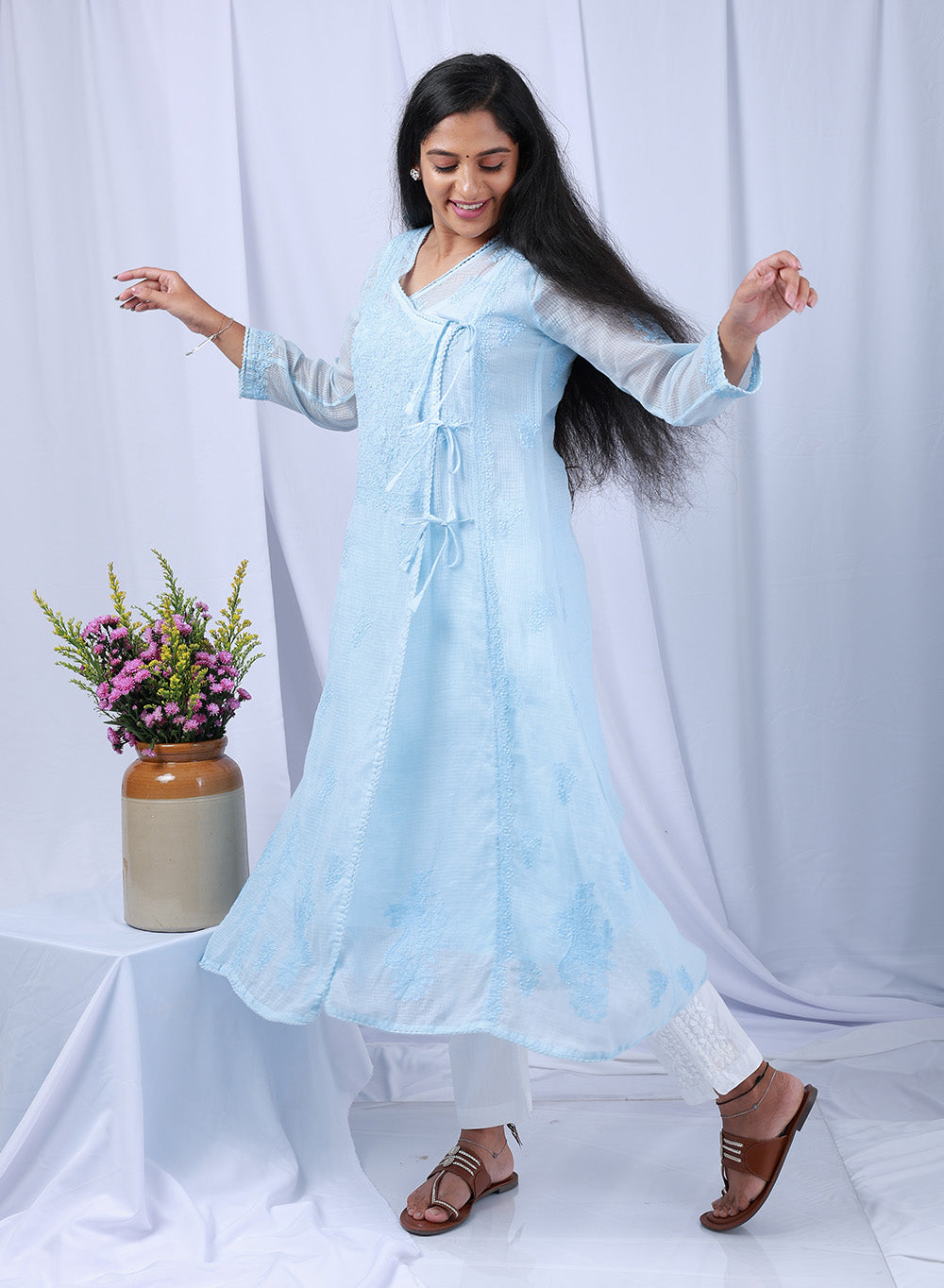 Sama Blue - Hand-Embroidered Chikankari Kota Doria Angarakha