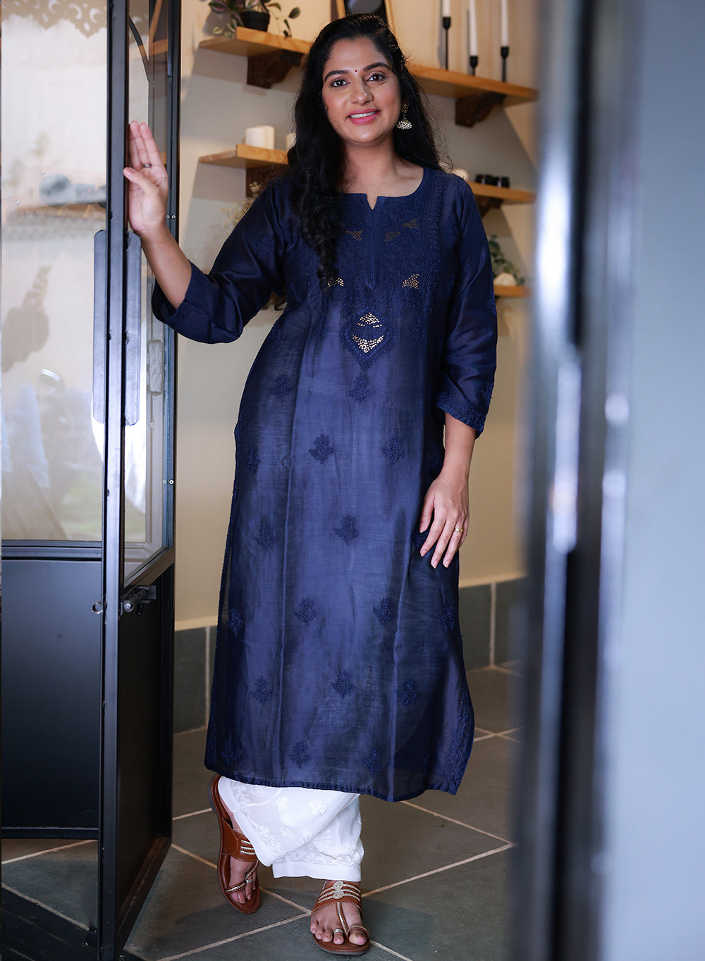 Swara Dark Blue - Anjuman Chanderi Cotton Chikankari Kurta