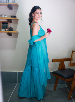 Kanak Turquoise - Nargis Viscose Noodle Strap Chikankari Kurta & Gharara Set