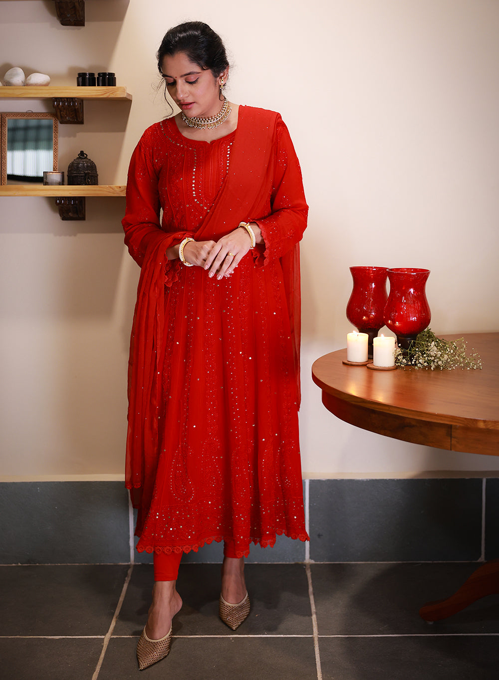 Ibadat - Red Viscoe Anarkali And Dupatta Set with Mukaish Work