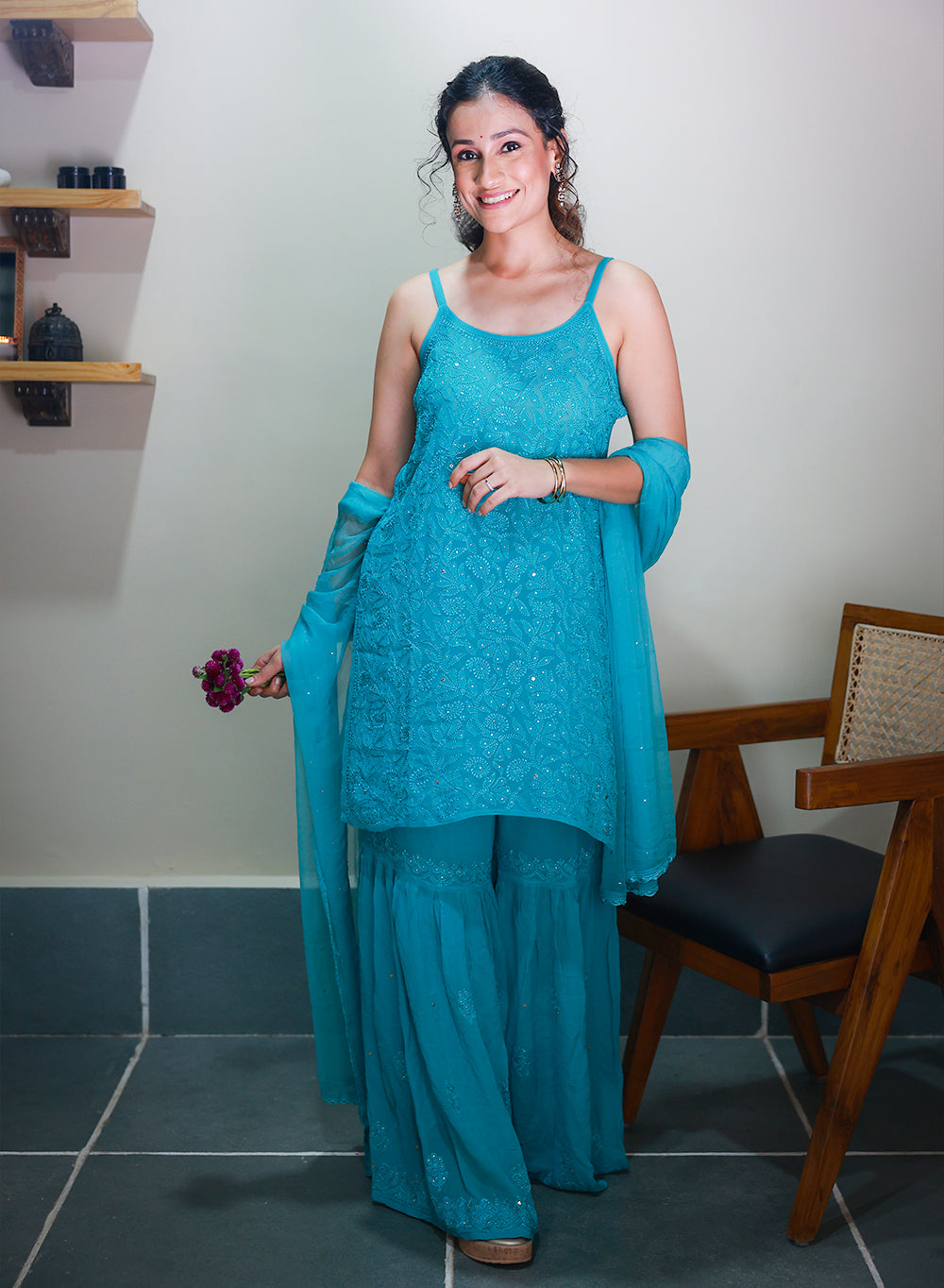 Kanak Turquoise - Nargis Viscose Noodle Strap Chikankari Kurta & Gharara Set