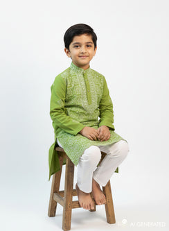 Green Front Jaal - Cotton Chikankari Kurta