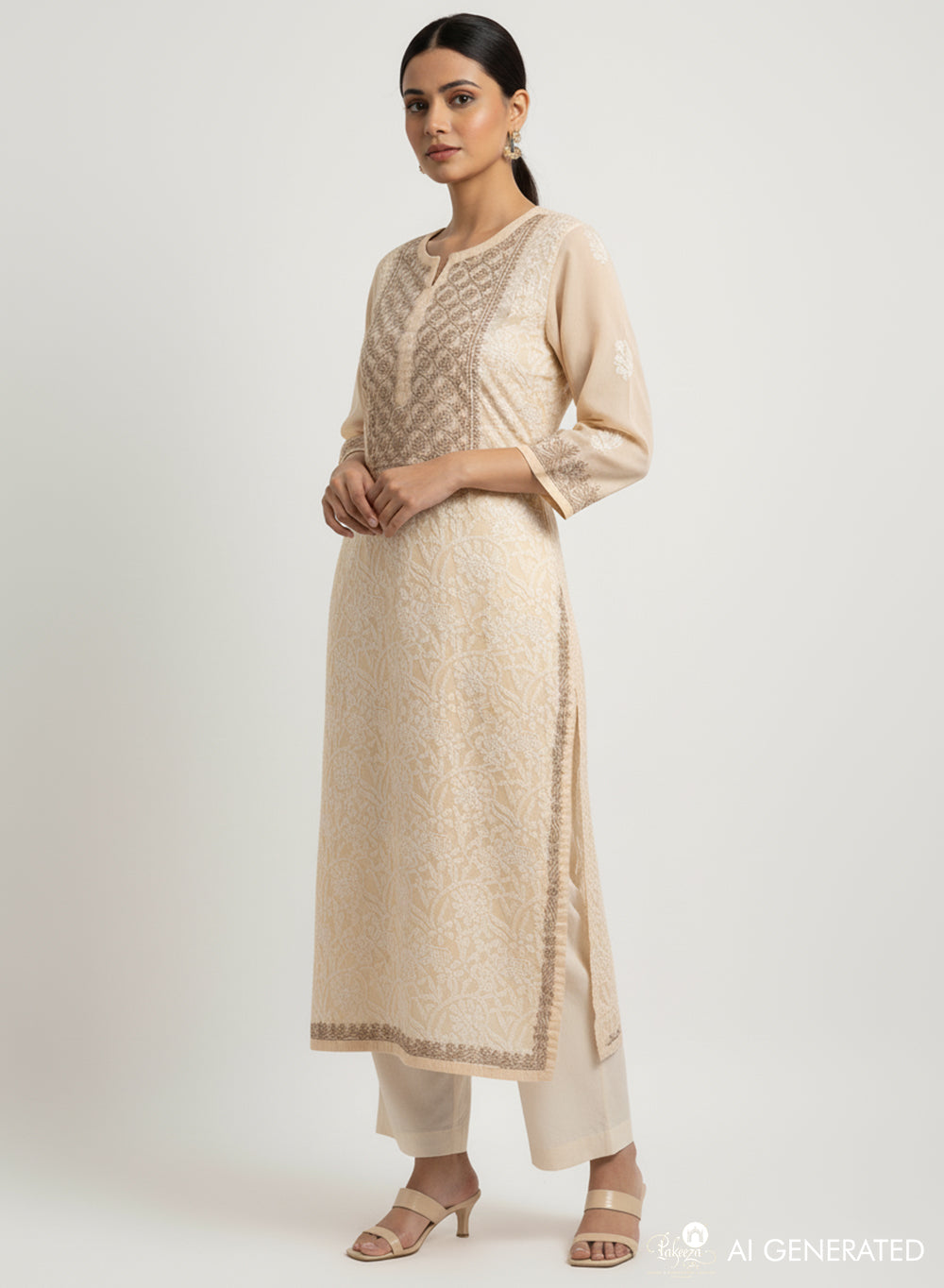 Mehak Beige - Cotton Terry Voile Bahaar Chikankari Kurta