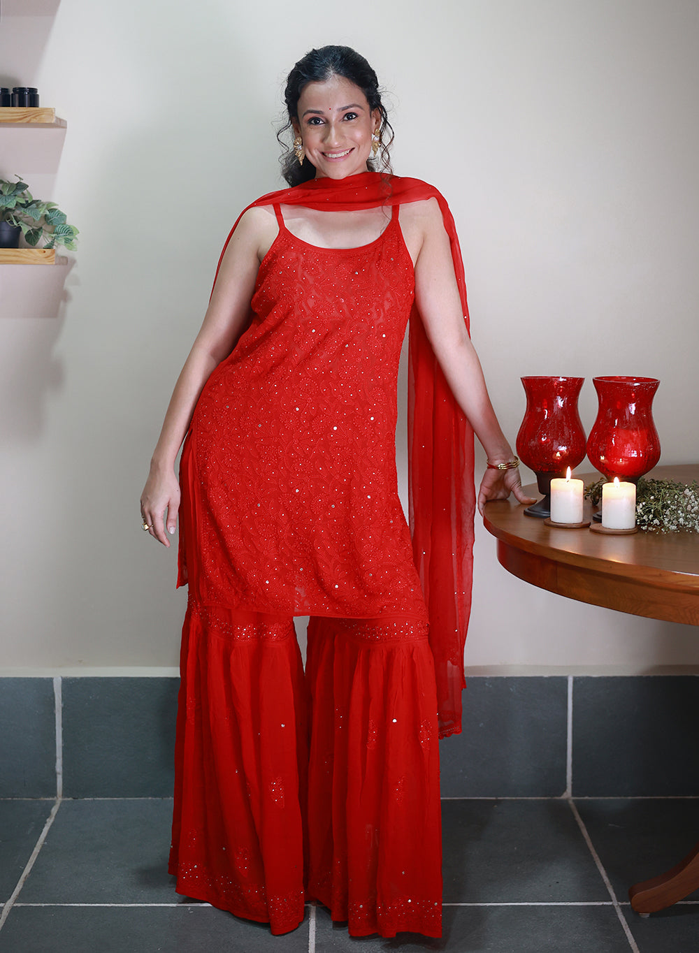 Kanak Red - Nargis Viscose Noodle Strap Chikankari Kurta & Gharara Set