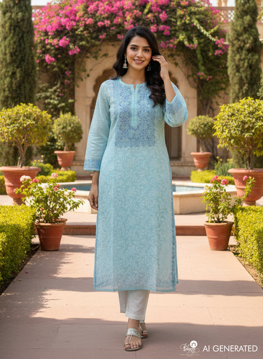Mehak Sky Blue - Cotton Terry Voile Bahaar Chikankari Kurta