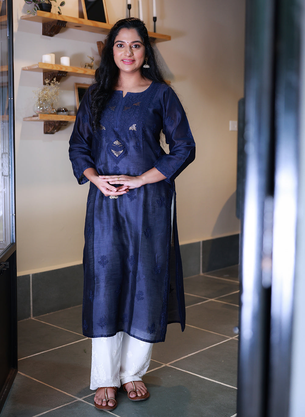 Swara Dark Blue - Anjuman Chanderi Cotton Chikankari Kurta