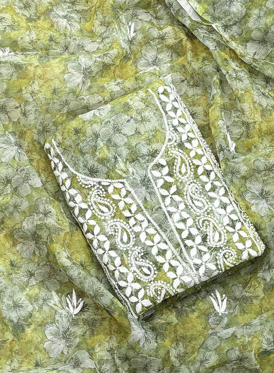 Gulfam Organza Olive Green Floral Printed Chikankari Kurta & Dupatta Set