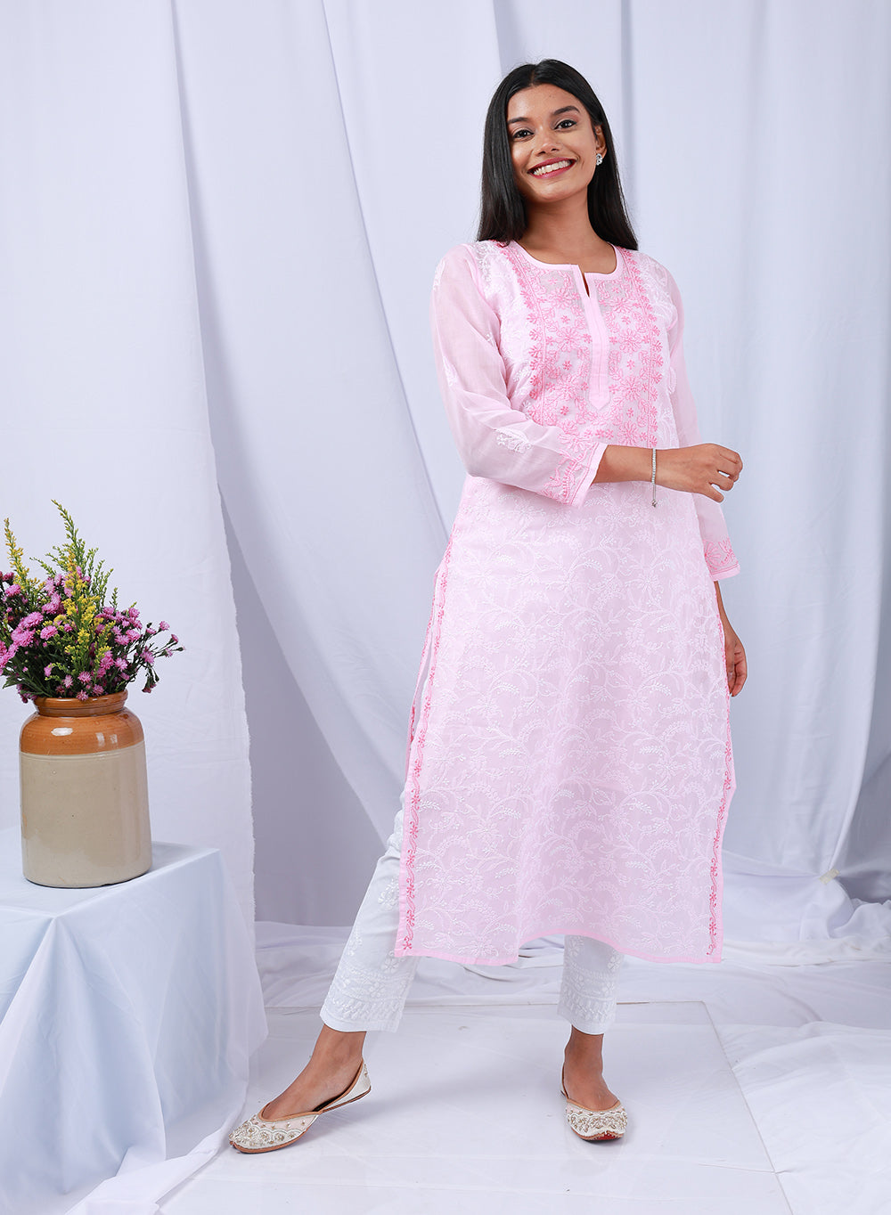 Mehak Baby Pink - Cotton Terry Voile Bahaar Chikankari Kurta