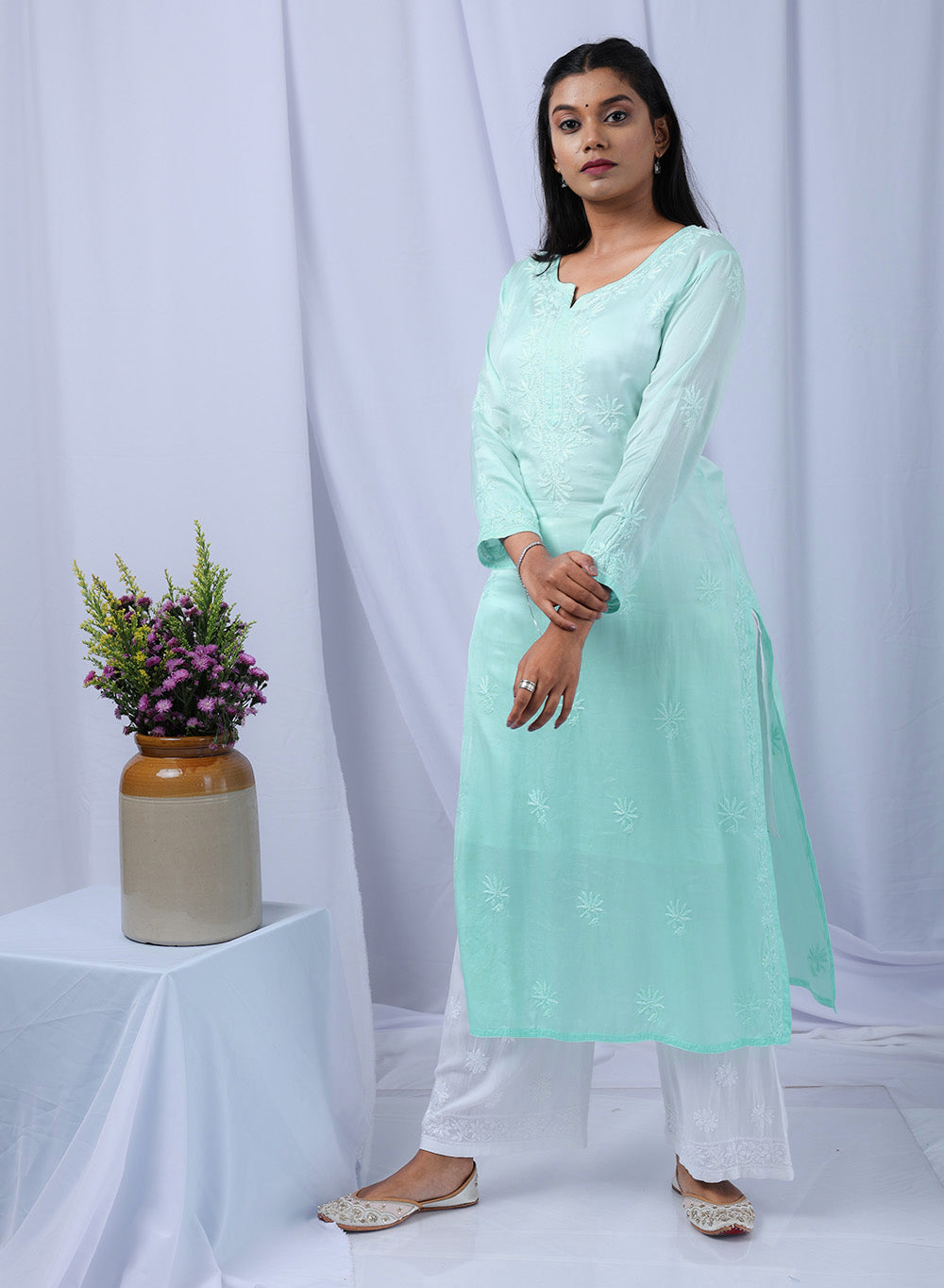 Meera Sea Green - Bahar Satin Chikankari Ombre Kurta