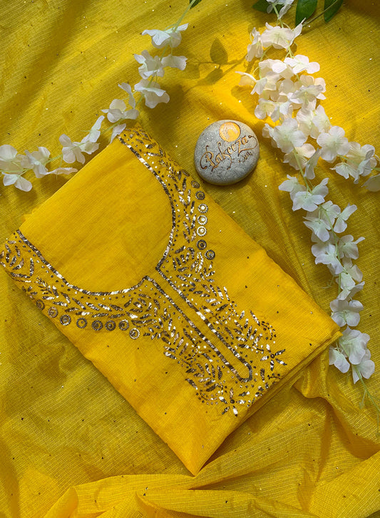 Ada Yellow Mukaish - Nayaab Chanderi Kota Fabric