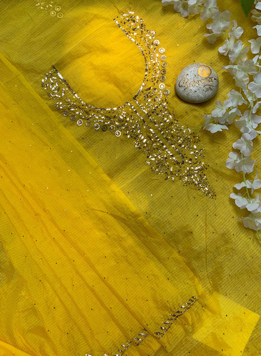 Ada Yellow Mukaish - Nayaab Chanderi Kota Fabric