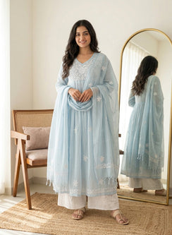 Anokhi Powder Blue - Mul Chanderi Nargis Chikankari Kurta & Dupatta Set