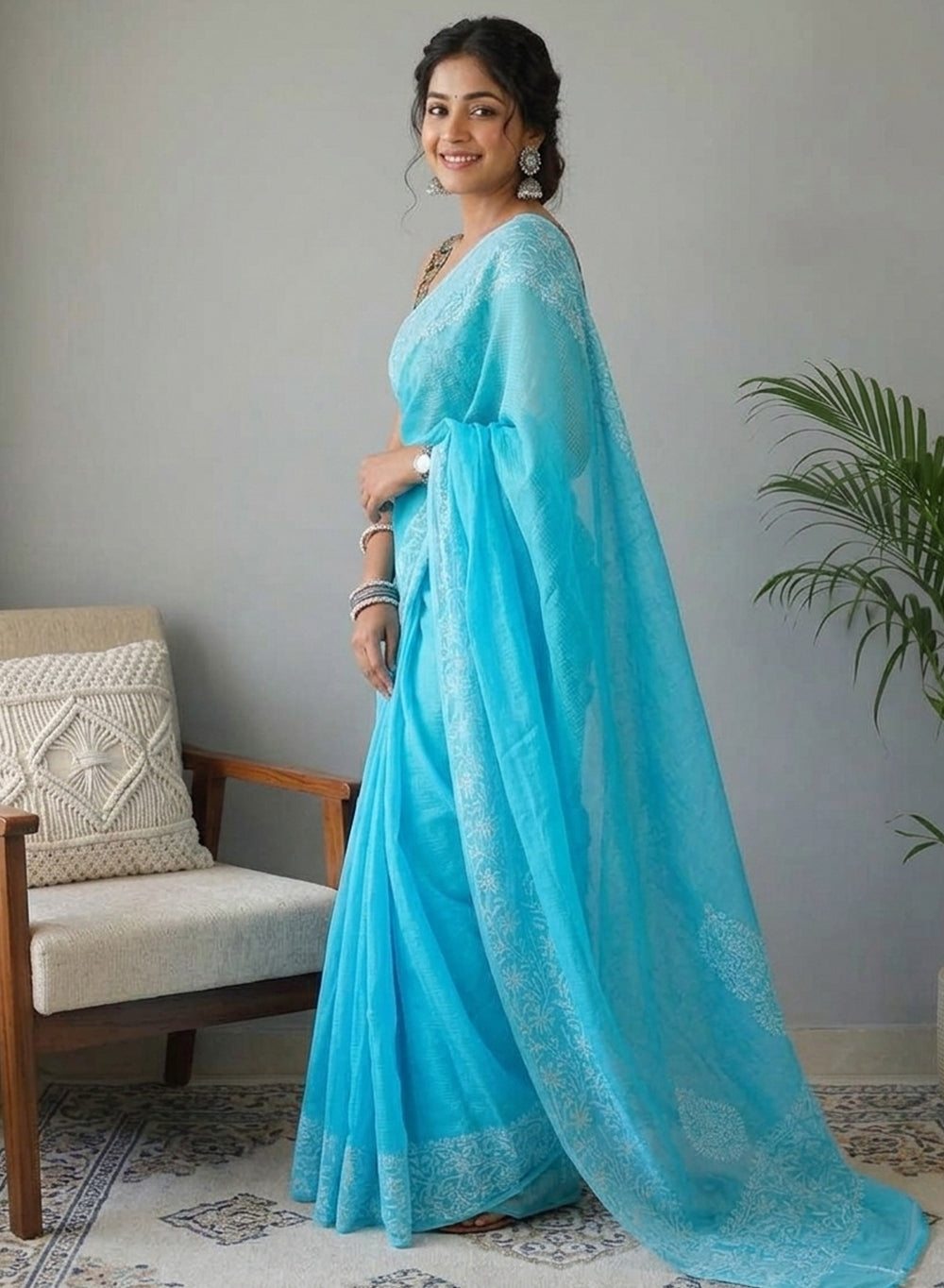 Aparajita Blue - Aks Kota Cotton Chikankari Saree