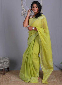 Aparajita Olive Green - Aks Kota Cotton Chikankari Saree