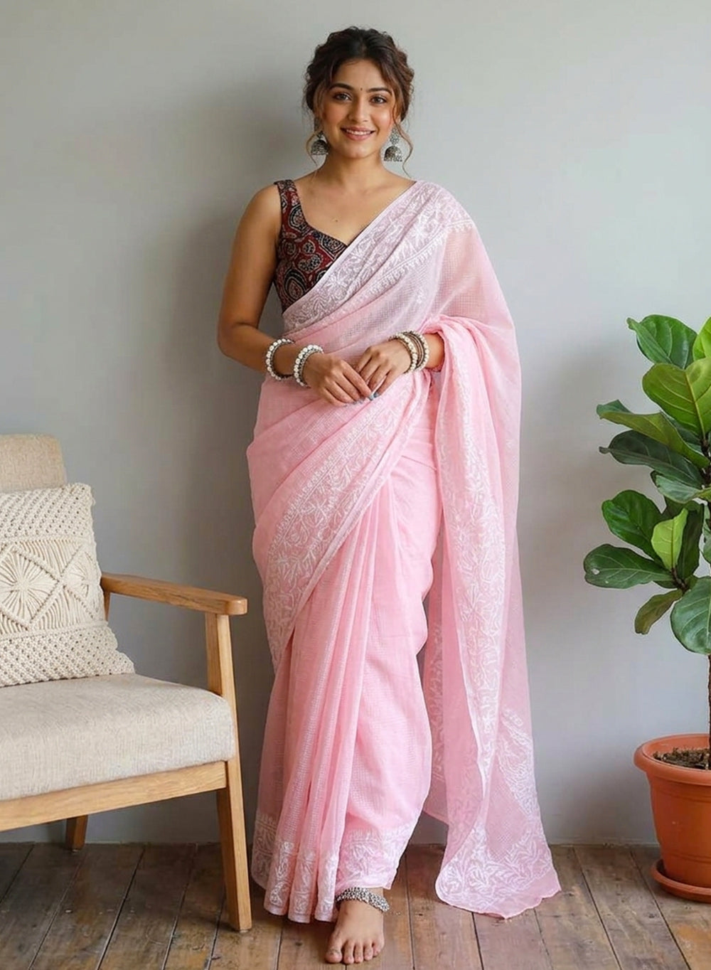 Aparajita Pink - Aks Kota Cotton Chikankari Saree