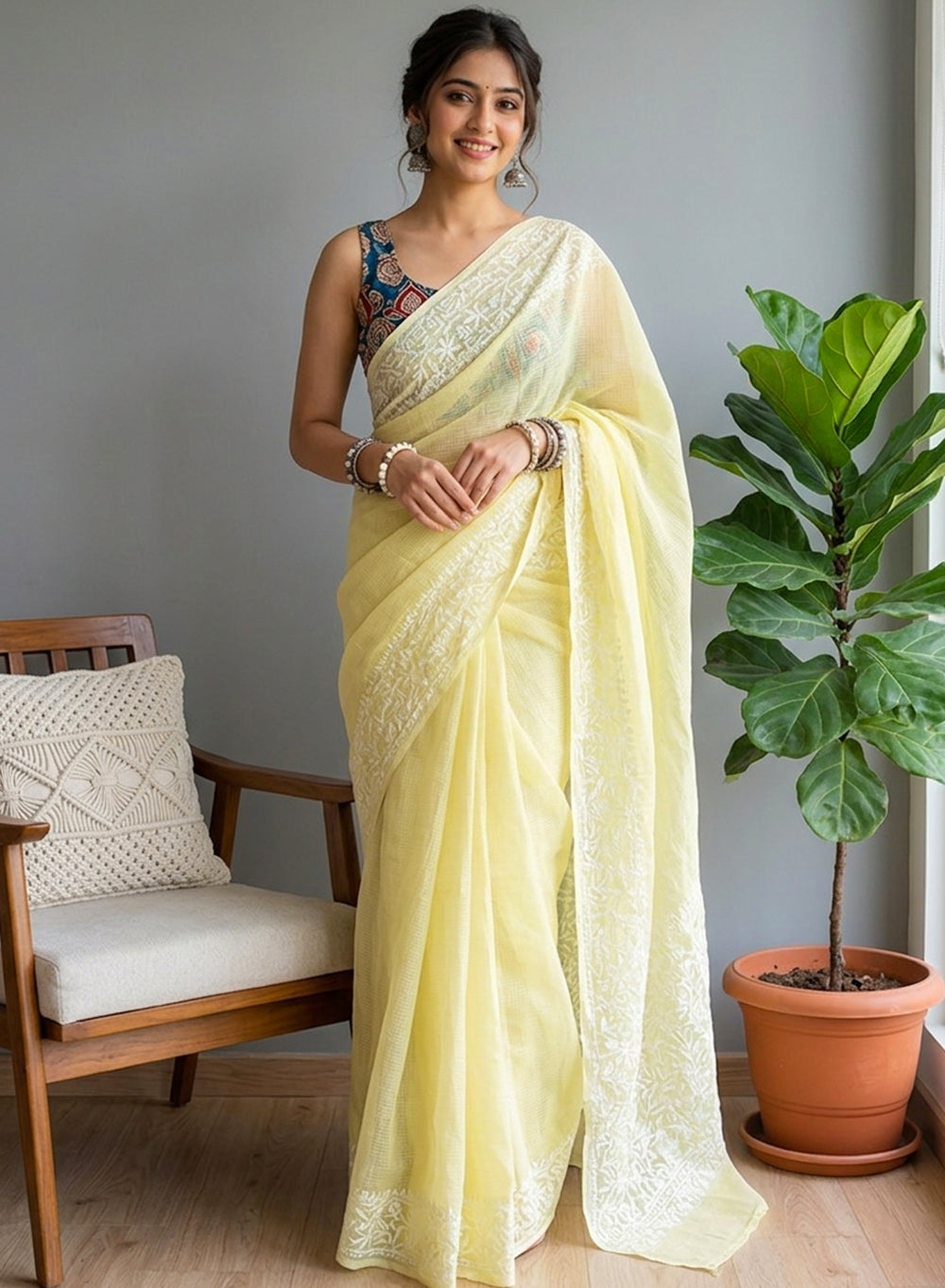 Aparajita Powder Yellow - Aks Kota Cotton Chikankari Saree