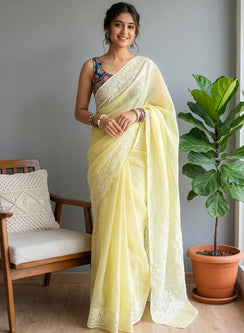 Aparajita Powder Yellow - Aks Kota Cotton Chikankari Saree