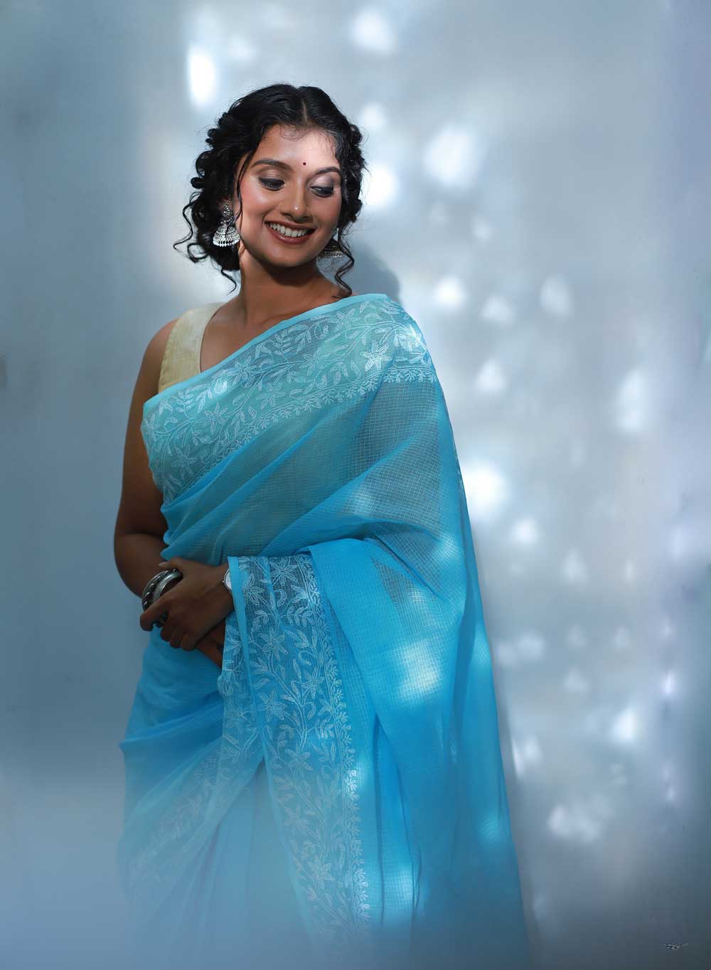 Aparajita Blue - Aks Kota Cotton Chikankari Saree