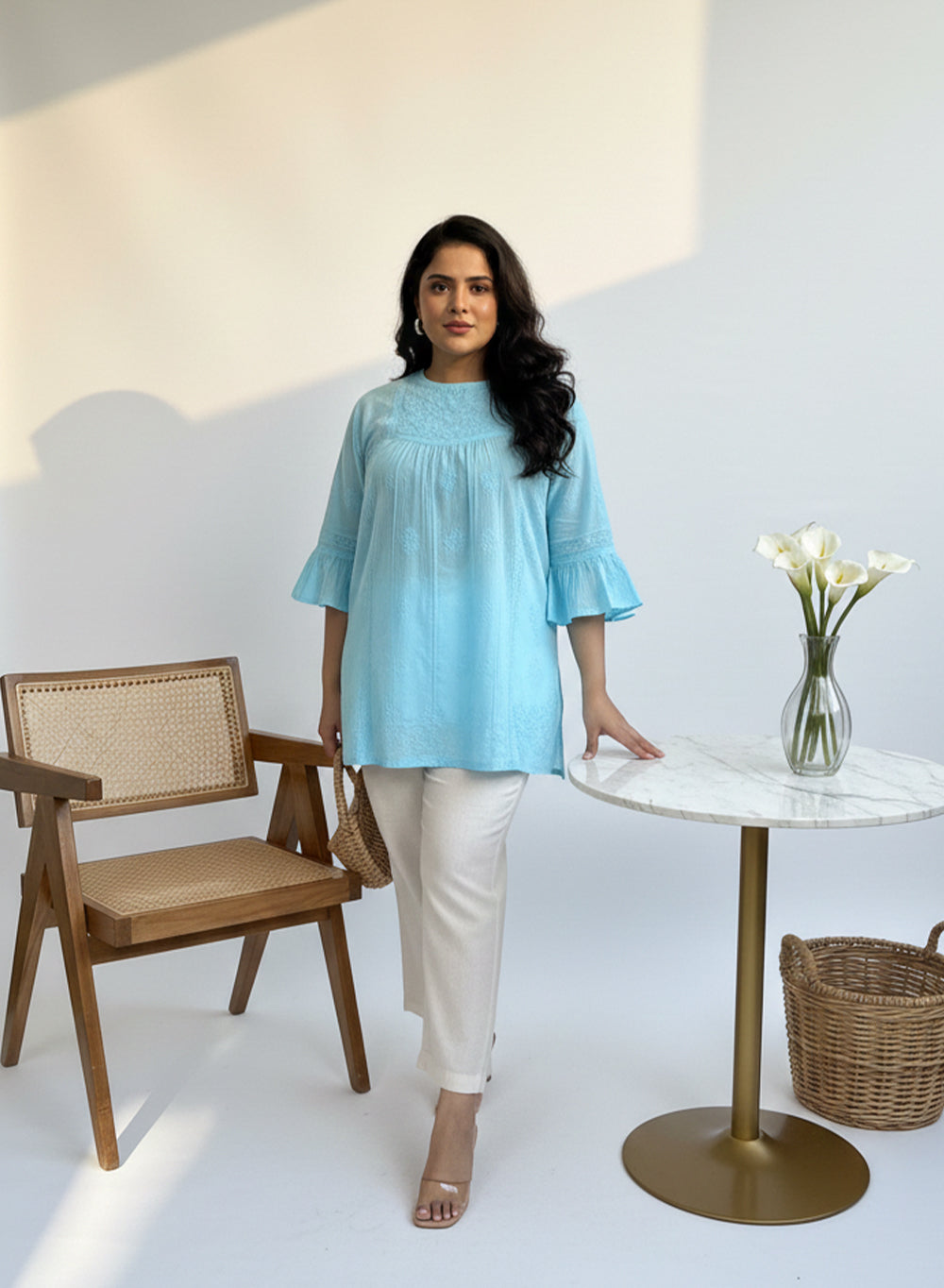 Sky Blue Bell Sleeves - Pure Cotton Gulshan Chikankari Short Top