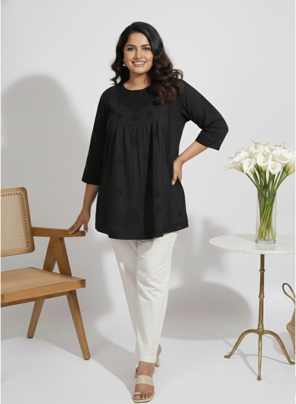 Black - Resham Thread Gulshan Chikankari Short Top